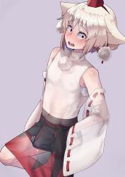 Rule 34 | 1boy, absurdres, animal ears, black skirt, blush, bulge, commentary request, cookie (touhou), covered erect nipples, covered navel, detached sleeves, erection, erection under clothes, foot out of frame, fuka (kantoku), genderswap, genderswap (ftm), grey background, hat, highres, inubashiri momiji, kneeling, kuso inu (cookie), looking at viewer, male focus, open mouth, pom pom (clothes), red eyes, red skirt, ribbon-trimmed sleeves, ribbon trim, see-through, shirt, short hair, simple background, skirt, sleeveless, sleeveless shirt, solo, tokin hat, touhou, two-tone skirt, white hair, white shirt, white sleeves, wolf ears