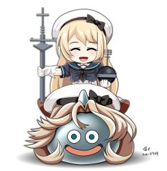 Rule 34 | 1girl, black neckwear, blonde hair, blue sailor collar, crown, dated, dragon quest, dress, closed eyes, globus cruciger, gloves, hat, janus (kancolle), jervis (kancolle), kantai collection, long hair, medium hair, mini crown, monster, open mouth, sailor collar, sailor dress, sailor hat, scepter, shadow, signature, simple background, slime (creature), slime (dragon quest), smile, tk8d32, white background, white dress, white gloves, white headwear