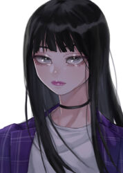 Rule 34 | 1girl, absurdres, black hair, blunt bangs, blush, breasts, chicken31, choker, expressionless, highres, hime cut, lips, lipstick, long hair, looking at viewer, makeup, original, shirt, solo, straight hair, white background