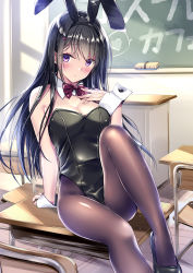 Rule 34 | 1girl, animal ears, bad id, bad pixiv id, bare shoulders, black footwear, black hair, black leotard, blush, board eraser, bow, bowtie, breasts, chair, chalkboard, classroom, cleavage, commentary request, desk, detached collar, fake animal ears, hair between eyes, hair ornament, hairclip, hand on own chest, heart, highres, indoors, kobayashi chisato, leg up, leotard, light particles, loafers, long hair, looking at viewer, medium breasts, on desk, original, pantyhose, playboy bunny, purple eyes, rabbit ears, red bow, red bowtie, school chair, school desk, shadow, shoes, sidelocks, sitting, on desk, solo, wrist cuffs