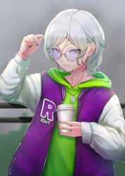 Rule 34 | 1girl, absurdres, black nails, blue-tinted eyewear, blurry, blurry background, commentary request, cup, disposable cup, dog tags, glasses, green hoodie, grey-framed eyewear, hair between eyes, highres, holding, holding cup, hood, hood down, hoodie, indie virtual youtuber, jacket, jewelry, letterman jacket, looking at viewer, multicolored clothes, multicolored jacket, necklace, pucho (puchopucho05), puchopucho05, purple eyes, purple jacket, railing, round eyewear, short hair, smile, solo, tinted eyewear, upper body, virtual youtuber, white hair, white jacket