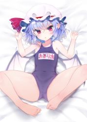 Rule 34 | 1girl, barefoot, bat wings, blue hair, blue one-piece swimsuit, blush, flat chest, full body, hat, lying, mob cap, name tag, new school swimsuit, on back, one-piece swimsuit, parted lips, red eyes, remilia scarlet, school swimsuit, short hair, solo, spread legs, swimsuit, toes, touhou, tousen, white hat, wings