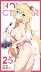 Rule 34 | 1girl, absurdres, akai haato, apron, aqua eyes, ass, blonde hair, blush, border, breasts, daydarion, hair ribbon, highres, holding pan, hololive, long hair, looking at viewer, looking back, nail polish, naked apron, red border, red ribbon, ribbon, sideboob, simple background, smile, solo, very long hair, virtual youtuber, white background