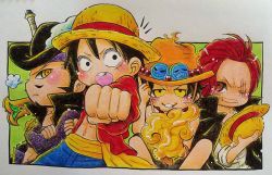 Rule 34 | 4boys, black hair, brothers, chibi, dracule mihawk, fire, freckles, graphite (medium), hat, jewelry, male focus, monkey d. luffy, multiple boys, necklace, one piece, onexone, open clothes, open shirt, portgas d. ace, red hair, red shirt, sash, shanks (one piece), shirt, siblings, smiley, straw hat, topless male, traditional media, yellow eyes, yoru (one piece)