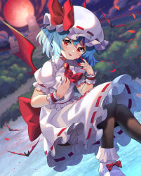 Rule 34 | 1girl, absurdres, ascot, bat (animal), bat wings, black pantyhose, blood, blood on face, blood on hands, blouse, blue hair, blurry, blurry background, bow, closed mouth, cloud, commentary request, fingernails, footwear bow, forest, frilled shirt, frills, full moon, hat, hat ribbon, head tilt, highres, lake, long fingernails, looking at viewer, mansion, mob cap, moon, nail polish, nature, outdoors, pantyhose, red ascot, red bow, red eyes, red moon, red nails, red ribbon, remilia scarlet, ribbon, ribbon-trimmed skirt, ribbon trim, shirt, short hair, skirt, smile, solo, tongue, tongue out, touhou, white footwear, white hat, white shirt, white skirt, wings, wrist cuffs, yuujin (yuzinn333)