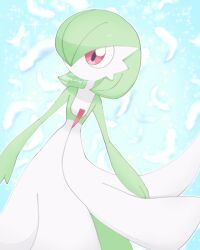 Rule 34 | 1girl, arms at sides, artist name, blue background, bob cut, closed mouth, colored skin, creatures (company), expressionless, feathers, female focus, flat chest, game freak, gardevoir, gen 3 pokemon, green hair, green skin, hair over one eye, looking to the side, meru (mer milky77), multicolored skin, nintendo, one eye covered, outline, pokemon, pokemon (creature), red eyes, short hair, signature, solo, standing, twitter username, two-tone skin, white feathers, white outline, white skin
