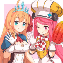 Rule 34 | 2girls, :q, ;q, ahoge, ame., blue eyes, blush, braid, breasts, brown hair, cleavage, closed mouth, commentary request, crossover, dress, food, gloves, hair between eyes, hands up, hat, highres, holding, holding food, long hair, medium breasts, multiple girls, one eye closed, parfait, parfait (world flipper), pecorine (princess connect!), pink background, pink hair, princess connect!, puffy short sleeves, puffy sleeves, purple eyes, short sleeves, shrug (clothing), smile, tiara, tongue, tongue out, two-tone background, very long hair, white background, white dress, white gloves, white headwear, world flipper