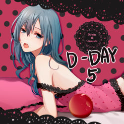Rule 34 | 1girl, apple, aqua eyes, aqua hair, asd13, bad id, bad pixiv id, bare shoulders, bed sheet, breasts, camisole, food, fruit, hair down, half-closed eyes, hatsune miku, lace-trimmed camisole, lace trim, long hair, looking at viewer, lying, messy hair, on stomach, open mouth, pillow, pink background, pink camisole, polka dot, polka dot background, romeo to cinderella (vocaloid), sideboob, solo, song name, strap slip, vocaloid