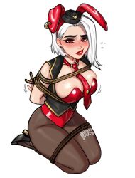 Rule 34 | 1girl, animal ears, arms behind back, ashe (overwatch), blushyspicy, breasts, brown pantyhose, cowboy hat, fake animal ears, hair behind ear, hat, high heels, highres, large breasts, looking at viewer, makeup, mole, mole above mouth, overwatch, pantyhose, rabbit ears, red eyes, rope, seiza, shiny skin, short hair, simple background, sitting, solo, white background, white hair