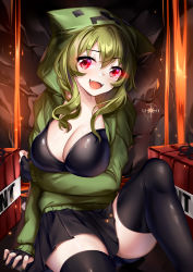 Rule 34 | 1girl, :d, arm under breasts, artist name, black gloves, black skirt, black thighhighs, breasts, cleavage, creeparka, creeper, fangs, feet out of frame, fingerless gloves, gloves, glowing, glowing eyes, green hair, green jacket, green nails, hair between eyes, highres, hood, hood up, hooded jacket, jacket, knee up, large breasts, long hair, long sleeves, looking at viewer, minecraft, nail polish, open clothes, open jacket, open mouth, pleated skirt, red eyes, skirt, sleeves past wrists, smile, solo, squchan, thighhighs