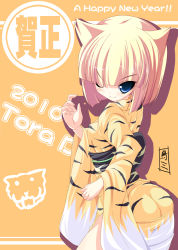 Rule 34 | 10s, 2010, animal ears, animal print, blonde hair, blue eyes, flat chest, highres, japanese clothes, kimono, new year, solo, tiger ears, tiger print, torisan