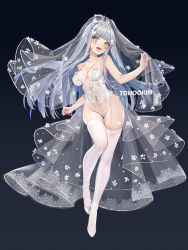 Rule 34 | 1girl, :d, alternate costume, bare arms, bare shoulders, black background, blue background, blush, breasts, cleavage, clothing cutout, collarbone, commentary request, covered navel, douya (233), facial mark, full body, girls&#039; frontline, gluteal fold, gradient background, green eyes, grey hair, groin, hair ornament, heart cutout, hk416 (girls&#039; frontline), leotard, lingerie, long hair, looking at viewer, medium breasts, open mouth, see-through, silver footwear, skindentation, smile, solo, straight hair, teddy (lingerie), teeth, thigh gap, thighhighs, tiara, underwear, upper teeth only, veil, very long hair, waist cape, white leotard, white thighhighs