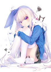 Rule 34 | 1girl, :&lt;, animal, animal ears, animal on shoulder, bird, black skirt, blonde hair, blue jacket, closed mouth, commentary request, feet, full body, hibari hina, highres, hood, hood down, hooded jacket, hugging own legs, jacket, knees up, long hair, long sleeves, looking at viewer, multicolored eyes, no shoes, original, pleated skirt, purple eyes, rabbit, rabbit ears, rabbit girl, rabbit tail, red eyes, see-through, skirt, soles, solo, squiggle, star (symbol), starry background, tail, thighhighs, twitter username, very long hair, white background, white thighhighs