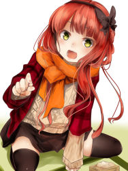 Rule 34 | 1girl, akino shuu, alternate costume, beans, black thighhighs, de ruyter (kancolle), food, green eyes, holding, holding food, kantai collection, long hair, long sleeves, masu, open mouth, orange scarf, red hair, scarf, simple background, smile, solo, sweater, thighhighs, white background