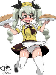 Rule 34 | 1girl, alternate costume, anchovy (girls und panzer), apron, artist name, ascot, blush, clothes lift, coco&#039;s, cro, food, frilled apron, frills, girls und panzer, green hair, hair ribbon, holding, holding food, long hair, maid headdress, open mouth, panties, red eyes, ribbon, skirt, skirt lift, solo, thighhighs, twintails, underwear, waist apron, waitress, white background