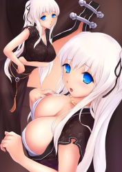 Rule 34 | 1girl, blue eyes, breasts, cait aron, china dress, chinese clothes, choker, cleavage, dress, hair ribbon, large breasts, leaning forward, long hair, mabinogi, nao (mabinogi), open mouth, ribbon, twintails, white hair