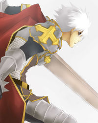 Rule 34 | 1boy, armor, breastplate, cape, chainmail, commentary request, cowboy shot, cross, gauntlets, hair between eyes, holding, holding sword, holding weapon, leg armor, looking afar, lord knight (ragnarok online), male focus, open mouth, pauldrons, ragnarok online, red cape, red eyes, seyren windsor, short hair, shoulder armor, simple background, solo, spiked gauntlets, sptbird, sword, tabard, weapon, white background, white hair