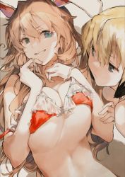 Rule 34 | 2girls, animal ears, blonde hair, blue eyes, bra, breasts, brown hair, charlotte e. yeager, closed mouth, erica hartmann, grin, hair between eyes, hougu souji, large breasts, looking at viewer, multiple girls, rabbit ears, rabbit girl, red bra, smile, strike witches, underwear, world witches series
