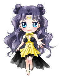 Rule 34 | 1990s (style), 1girl, anklet, asahi haru, barefoot, bishoujo senshi sailor moon, black hair, blue eyes, blush, bow, chibi, crescent, crescent facial mark, crescent necklace, double bun, dress, earrings, facial mark, forehead mark, full body, hair bun, jewelry, long hair, luna (sailor moon), luna (sailor moon) (human), moon, necklace, outstretched hand, personification, retro artstyle, ribbon, simple background, smile, solo, very long hair, white background, yellow bow