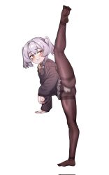 Rule 34 | 1boy, arm support, black pantyhose, blush, bulge, commentary request, feet, full body, grey hair, highres, korean commentary, leg up, long sleeves, microskirt, otonashi (otonashi5959), panties, panties under pantyhose, pantyhose, simple background, skirt, soles, solo, split, standing, standing on one leg, standing split, thighband pantyhose, tongkkangi, tongkkangi (streamer), trap, twintails, underwear, virtual youtuber, white background, white panties, yellow eyes