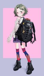 Rule 34 | 1girl, absurdres, ankle boots, backpack, bad id, bad twitter id, bag, black footwear, blue border, blue socks, boots, border, cross-laced footwear, flame print, full body, gishiki (gshk), green eyes, green hair, grey sweater, highres, long sleeves, looking at viewer, original, pink background, purple shorts, shoes, shorts, smiley face, socks, solo, ss insignia, standing, sweater, the north face, white sweater