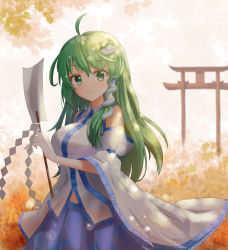 Rule 34 | 1girl, ahoge, blue skirt, blush, breasts, frog hair ornament, green eyes, green hair, hair ornament, hair tubes, highres, kochiya sanae, large breasts, long hair, looking at viewer, parted lips, skirt, smile, solo, torii, touhou, youl