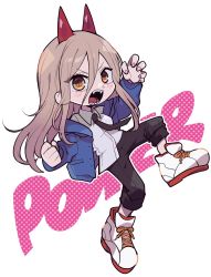 Rule 34 | 1girl, 1gsrgnk, black necktie, blonde hair, blue hoodie, blue jacket, breasts, chainsaw man, collared shirt, cross-shaped pupils, demon horns, english text, full body, hair between eyes, highres, hood, hoodie, horns, jacket, long hair, looking at viewer, medium breasts, monster girl, necktie, open mouth, power (chainsaw man), red horns, sharp teeth, shirt, shirt partially tucked in, shoes, simple background, sneakers, solo, symbol-shaped pupils, teeth, white shirt, yellow eyes