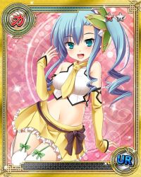 Rule 34 | 1girl, arm up, artist request, blue eyes, blue hair, card (medium), chouhou, crop top, curly hair, detached sleeves, garter straps, koihime musou, long hair, midriff, navel, necktie, official art, open mouth, shirt, side ponytail, sitting, skirt, sleeveless, sleeveless shirt, smile, solo, thighhighs, white shirt, white thighhighs