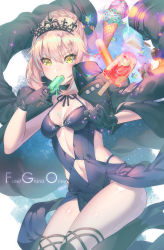 Rule 34 | 1girl, absurdres, artoria pendragon (all), artoria pendragon (alter swimsuit rider) (fate), artoria pendragon (alter swimsuit rider) (third ascension) (fate), artoria pendragon (fate), black gloves, black thighhighs, blonde hair, blush, braid, breasts, closed mouth, clothing cutout, copyright name, dress, dutch angle, fate/grand order, fate (series), food, food on body, french braid, gloves, hair bun, high heels, highres, ice cream, ice cream cone, jacket, jacket on shoulders, looking at viewer, mouth hold, navel, navel cutout, over-kneehighs, pelvic curtain, pinky out, platinum blonde hair, popsicle, saber alter, short hair, sidelocks, single hair bun, small breasts, solo, thighhighs, thighs, tiara, yellow eyes, yoshimoto (dear life)