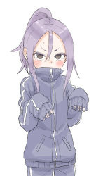 Rule 34 | 1girl, absurdres, blue jacket, blue pants, blush, commentary request, covered mouth, grey eyes, hair between eyes, hands up, high ponytail, highres, jacket, long hair, long sleeves, looking at viewer, oversized clothes, pants, parted bangs, ponytail, purple hair, simple background, sleeves past wrists, solo, soredemo ayumu wa yosetekuru, track jacket, track pants, track suit, v-shaped eyebrows, white background, yamamoto souichirou, yaotome urushi