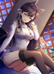 Rule 34 | 1girl, animal ears, arm behind head, arm support, ass, atago (azur lane), azur lane, black hair, black thighhighs, blue sky, blush, breasts, brown eyes, cloud, day, extra ears, gloves, hair ribbon, hand on own head, indoors, jacket, knees up, large breasts, light particles, long hair, looking at viewer, medal, military, military uniform, miniskirt, mole, mole under eye, non (nobu), open mouth, ribbon, sidelocks, sitting, skirt, sky, smile, solo, swept bangs, thighhighs, thighs, uniform, white jacket, white ribbon, white skirt