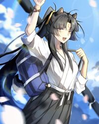Rule 34 | 1girl, :d, alternate costume, animal ears, arknights, arm up, bag, bag charm, black hakama, blue sky, blush, bracelet, brown eyes, charm (object), cowboy shot, day, dog ears, dog girl, dog tail, duffel bag, facial mark, fang, forehead mark, hakama, highres, japanese clothes, jewelry, kimono, lens flare, long hair, long sleeves, looking at viewer, open mouth, outdoors, parted bangs, ponytail, saga (arknights), skin fang, sky, smile, solo, tail, very long hair, virtual-ocean, waving, weapon bag, white kimono