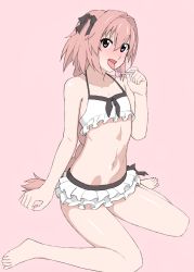 Rule 34 | 1boy, absurdres, astolfo (fate), bare shoulders, black bow, blush, bow, candy, collarbone, fate/grand order, fate (series), food, frills, hair between eyes, hair bow, highres, holding, holding candy, holding food, kashiwa (iersansi), lollipop, long hair, looking at viewer, male focus, navel, official alternate costume, open mouth, pink background, pink eyes, saliva, saliva trail, shiny skin, simple background, sitting, smile, solo, tongue, trap, wariza