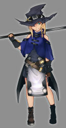 Rule 34 | 1girl, alternate costume, aoshima, aqua eyes, bare shoulders, belt, black dress, black gloves, blonde hair, braid, broom, brown footwear, capelet, clenched hand, commentary request, detached sleeves, dress, fingerless gloves, full body, gloves, grin, hair ornament, hat, hat over one eye, highres, kirisame marisa, lips, long hair, looking at viewer, miniskirt, pelvic curtain, side braid, single braid, skirt, smile, solo, standing, touhou, witch, witch hat