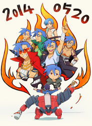Rule 34 | 00s, 10s, 2014, 2boys, aged down, alternate hairstyle, bandages, blue hair, boota (ttgl), cape, crossed arms, grin, hair over one eye, highres, kamina (ttgl), kamina shades, lagann, male focus, mecha, multiple boys, multiple persona, multiple views, outstretched arms, paint can, paintbrush, painting (action), pointing, red eyes, robot, simon (ttgl), smile, sunglasses, supinosu, tattoo, tengen toppa gurren lagann, tengen toppa gurren lagann: parallel works, topless male, triangular eyewear, white background