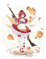 Rule 34 | 1girl, absurdres, apron, arknights, asymmetrical legwear, bow, candy, capelet, chinese commentary, circle, circlet, commentary request, crack, cracked floor, detached collar, dress, exusiai (arknights), food, full body, grey background, gun, gun on back, halo, hand up, highres, hood, hood up, jack-o&#039;-lantern, little red riding hood, mismatched legwear, open mouth, pantyhose, petticoat, red bow, red capelet, red dress, red eyes, red footwear, red hair, short hair, short sleeves, solo, standing, striped clothes, striped thighhighs, teeth, thighhighs, two-tone background, upper teeth only, weapon, weapon on back, white apron, white background, white thighhighs, xianjiu, yellow thighhighs
