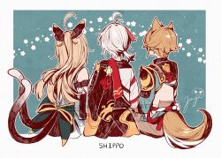 1girl 2boys ahoge animal_ears armor brown_hair cat_ears cat_girl cat_tail commentary dog_boy dog_ears dog_tail from_behind genshin_impact gorou_(genshin_impact) jagabokkuru japanese_armor japanese_clothes kaedehara_kazuha kirara_(genshin_impact) long_hair multicolored_hair multiple_boys multiple_tails ponytail romaji_text signature star_(symbol) tail two_tails vision_(genshin_impact) white_hair