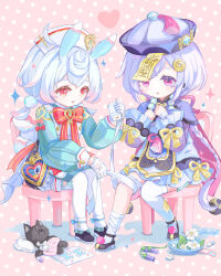 Rule 34 | 2girls, :o, animal ears, applying bandages, apron, aqua dress, artist name, bandaged arm, bandaged leg, bandages, bandaid, bead necklace, beads, black footwear, black shorts, blue dress, blue hair, blush, bow, bowl, bowtie, braid, braided ponytail, brooch, cape, capelet, chair, coin hair ornament, crossed bangs, dress, eyelashes, flower, frilled dress, frilled sleeves, frills, genshin impact, gloves, gold trim, hair between eyes, hair ornament, hands up, hat, hat tassel, heart, highres, jewelry, long hair, long sleeves, looking down, low twintails, medium hair, multiple girls, necklace, nurse cap, ofuda, ofuda on head, on chair, open mouth, pantyhose, paper, petals, pill, pillow, pink background, pink bow, polka dot, polka dot background, pom pom (clothes), pom pom hair ornament, puffy long sleeves, puffy sleeves, purple cape, purple capelet, purple eyes, purple flower, purple hair, purple headwear, qingdai guanmao, qingxin flower, qiqi (genshin impact), red bow, red bowtie, red eyes, shoes, short twintails, shorts, sidelocks, sigewinne (genshin impact), signature, simple background, single braid, single sock, single thighhigh, sitting, smile, socks, sparkle, sticker, stuffed animal, stuffed toy, stuffed wolf, tail, tassel, thighhighs, twintails, very long hair, violetgrass, white apron, white flower, white gloves, white headwear, white pantyhose, white socks, white thighhighs, wide sleeves, yutukicom