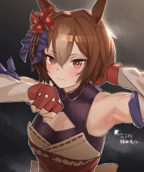 Rule 34 | 1girl, animal ears, arm behind head, armpits, arrow (symbol), bare shoulders, blush, breasts, brown hair, cleavage, cleavage cutout, closed mouth, clothing cutout, commentary request, detached sleeves, fingerless gloves, gloves, hair between eyes, haishima xv, hands up, highres, horse ears, long sleeves, looking at viewer, medium breasts, multicolored hair, pinwheel hair ornament, red eyes, red gloves, solo, sweat, translated, two-tone hair, umamusume, umamusume: cinderella gray, upper body, wavy mouth, white sleeves, yaeno muteki (umamusume)