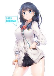 Rule 34 | 1girl, absurdres, black skirt, blue eyes, blue hair, bow, bowtie, breasts, cardigan, closed mouth, commentary request, contrapposto, copyright name, cowboy shot, earphones, gluteal fold, gridman universe, halkawa501, hand in pocket, hand on own thigh, highres, long hair, long sleeves, looking at viewer, medium breasts, miniskirt, pleated skirt, red bow, red bowtie, red ribbon, ribbon, school uniform, scrunchie, simple background, skirt, solo, ssss.gridman, takarada rikka, thighs, white background, white cardigan, wrist scrunchie