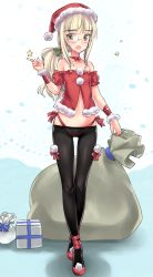 Rule 34 | 1girl, alternate costume, aohashi ame, bare shoulders, black pantyhose, blonde hair, blush, christmas, commentary request, flats, frilled shirt collar, frills, full body, fur-trimmed shirt, fur trim, gift, glasses, hair ornament, hat, highleg, highleg panties, highres, holly hair ornament, legs, light blush, long hair, looking at viewer, lowleg, lowleg pantyhose, navel, off-shoulder shirt, off shoulder, open mouth, oversized object, panties, panties under pantyhose, pantyhose, perrine h. clostermann, pointing, ponytail, red footwear, red hat, red panties, red shirt, rimless eyewear, sack, santa costume, santa hat, shadow, shirt, side-tie panties, smile, solo, standing, star (symbol), strike witches, thigh gap, underwear, world witches series, wristband, yellow eyes