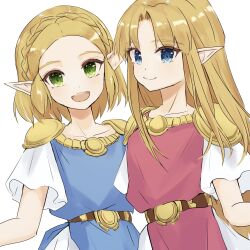 2girls alternate_costume armor belt blonde_hair blue_dress blue_eyes braid brown_belt closed_mouth collarbone commentary_request crown_braid dress dual_persona green_eyes highres in-franchise_crossover long_hair looking_at_viewer multiple_girls nintendo no_headwear open_mouth pink_dress pointy_ears princess_zelda short_hair short_sleeves shoulder_armor smile tete_tuyuten the_legend_of_zelda the_legend_of_zelda:_a_link_between_worlds the_legend_of_zelda:_tears_of_the_kingdom upper_body white_sleeves