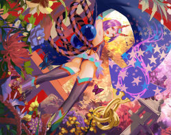 Rule 34 | 1girl, :d, arm up, armpits, ass, autumn, black thighhighs, blue flower, bug, butterfly, commentary request, crop top, detached sleeves, dutch angle, eyeshadow, fang, fate/grand order, fate (series), flower, from behind, garden, headpiece, heart, highres, horns, insect, legs apart, looking at viewer, looking back, makeup, open mouth, orb, purple eyes, purple hair, red flower, revealing clothes, rope, shawl, shimenawa, short hair, shuten douji (fate), skin-covered horns, smile, solo, star (symbol), star print, stone lantern, tea sly, thighhighs, tree, white flower, yellow flower