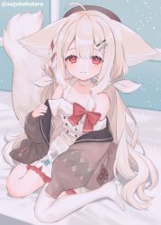 Rule 34 | ahoge, animal ear fluff, animal ears, asymmetrical legwear, bare shoulders, bed, bed sheet, black beret, black hat, bow, bowtie, braid, brown jacket, collar, collarbone, commission, dress, floral print, fox ears, fox girl, fox tail, full body, hair between eyes, hair ornament, hairclip, hat, head tilt, highres, indoors, jacket, large ears, large tail, long hair, long sleeves, looking at viewer, low twintails, no shoes, off-shoulder dress, off shoulder, on bed, on floor, original, plaid sleeves, red bow, red eyes, red ribbon, ribbon, sakurada shiro (autumn lite) (hy plus), sakurada shiro (hy plus), short dress, side braid, single sock, single thighhigh, sitting, skeb commission, sleeves past wrists, smile, socks, suzuho hotaru, tail, thighhighs, twintails, twitter username, undressing, uneven legwear, very long hair, wariza, white bow, white collar, white dress, white hair, white socks, white thighhighs