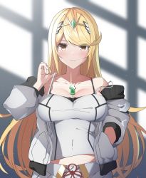 Rule 34 | blonde hair, breasts, camisole, chest jewel, cosplay, highres, jacket, large breasts, long hair, mio (xenoblade), mio (xenoblade) (cosplay), mythra (xenoblade), swept bangs, tank top, tsumugi 1210, very long hair, white camisole, white jacket, white tank top, xenoblade chronicles (series), xenoblade chronicles 2, xenoblade chronicles 3, yellow eyes