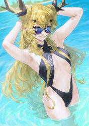 Rule 34 | 1girl, arknights, armpits, arms up, bare arms, bare shoulders, black one-piece swimsuit, blonde hair, blue eyes, commentary request, criss-cross halter, gino (gino h), grin, halterneck, highres, horns, leizi (arknights), long hair, looking at viewer, navel, one-piece swimsuit, smile, solo, standing, stomach, swimsuit, very long hair, wading, water