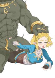 Rule 34 | 1boy, 1girl, ahegao, black gloves, black pantyhose, blonde hair, blue shirt, braid, colored skin, commentary, crown braid, defeat, english commentary, fingerless gloves, fucked silly, ganondorf, gloves, grabbing another&#039;s hair, green eyes, hair ornament, hairclip, height difference, hetero, highres, jewelry, multiple rings, netorare, nintendo, noriko (ni noriko), open mouth, pantyhose, parted bangs, pointy ears, princess zelda, prone bone, ring, sex, sex from behind, shirt, short hair, the legend of zelda, the legend of zelda: tears of the kingdom, tongue, tongue out, torn clothes, torn pantyhose, white background