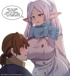 Rule 34 | 1boy, 1girl, alternate breast size, beard stubble, blue scarf, breasts, coat, earrings, elf, english text, frieren, green eyes, highres, hinghoi, jewelry, large breasts, long hair, pointy ears, ponytail, scarf, sein (sousou no frieren), sousou no frieren, twintails, white coat, white hair