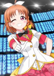 Rule 34 | 1girl, ahoge, artist logo, birthday, blush, braid, commentary, commentary request, earrings, gloves, grin, hair ribbon, hand on own hip, highres, jewelry, looking at viewer, love live!, love live! sunshine!!, mirai ticket, one eye closed, orange hair, red eyes, ribbon, short hair, side braid, smile, takami chika, upper body, white gloves, zero-theme