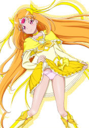 Rule 34 | 10s, 1girl, boots, bow, brooch, choker, circlet, clothes lift, cure muse, cure muse (yellow), eyelashes, frills, heart, jewelry, kijinaka mahiro, knee boots, long hair, orange hair, panties, precure, purple eyes, revision, ribbon, shirabe ako, simple background, skirt, skirt lift, smile, solo, suite precure, twintails, underwear, white background, white panties, yellow bow, yellow choker, yellow skirt, yellow theme